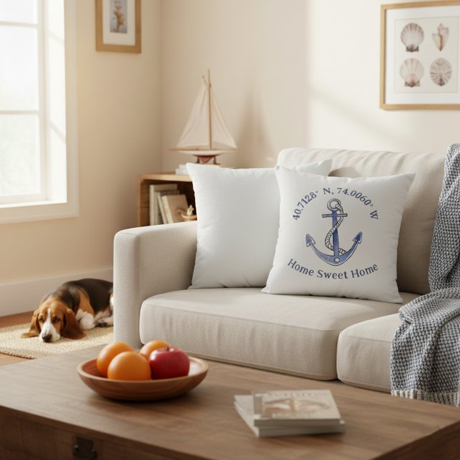 16x16 Hogar Dulce Hogar Almohada de Ubicación y An (Home sweet home custom location throw pillow with anchor.)