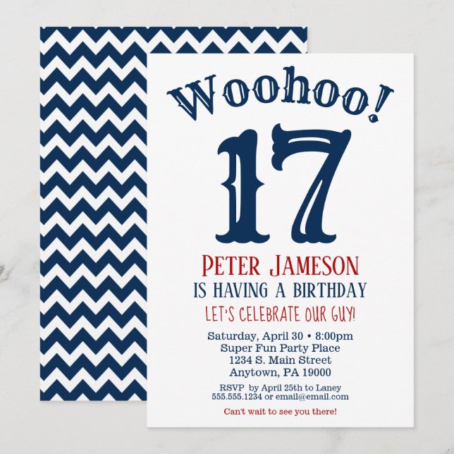 17.ª Invitación de cumpleaños joven marina azul (Anverso / Reverso)