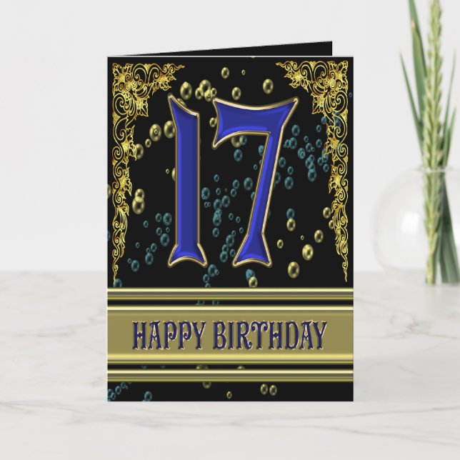 17.ª tarjeta de cumpleaños con oro y burbujas (Anverso)
