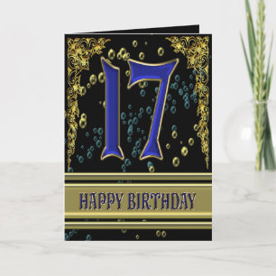 17.ª tarjeta de cumpleaños con oro y burbujas