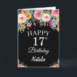 17.º cumpleaños acuarela Flores florales Tarjeta n<br><div class="desc">17 cumpleaños Watercolor Floral Flores Black Card con nombre y edad personalizados. Para una mayor personalización,  haga clic en el botón "Personalizar" y utilice nuestra herramienta de diseño para modificar esta plantilla.</div>