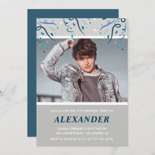 17 años invitaciones niño Confetti Photo Blue