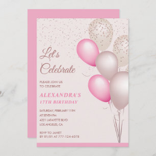 17 invitaciones de cumpleaños Globos Confetti rosa