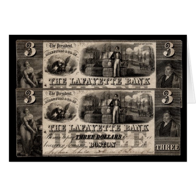 1837 Lafayette Bank: Nota de tres dólares (Anverso (Horizontal))