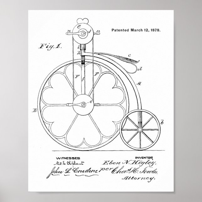 1878 Impresión de arte de patentes de bicicletas d (Frente)