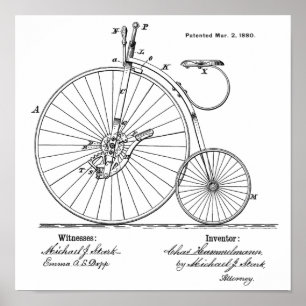 1880 Impresión de arte de patentes de bicicletas d