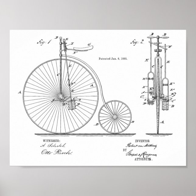 1885 Impresión de arte de patentes de bicicletas d (Frente)