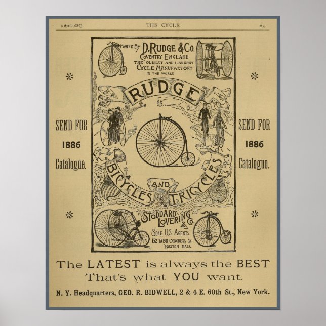 1886 Poster de Arte y Revista de Bicicletas Rudge  (Frente)