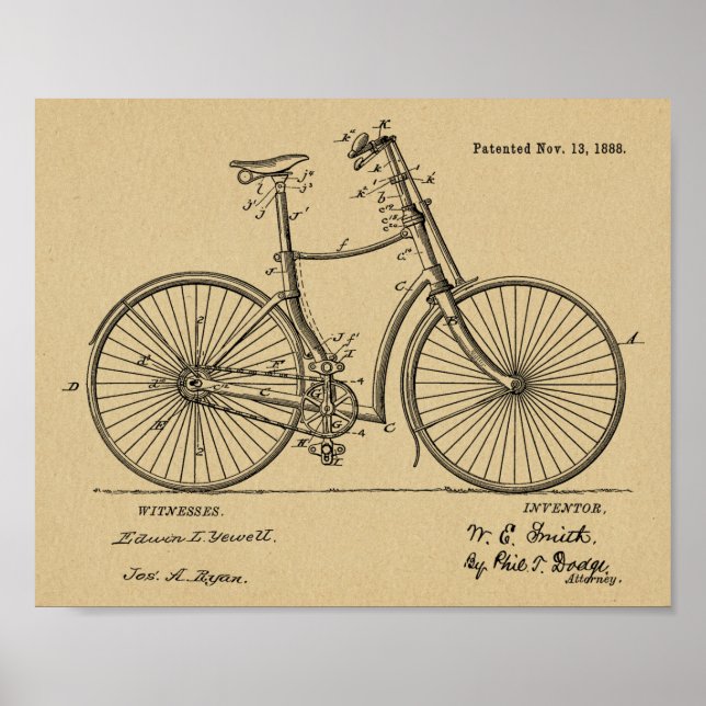 1888 Impresión de arte de patente de freno de bici (Frente)