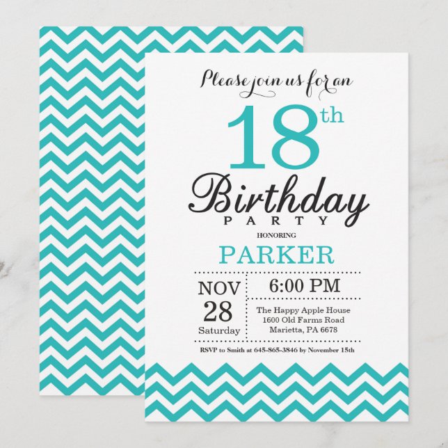18.ª invitación de cumpleaños Chevron Verde azulad (Anverso / Reverso)