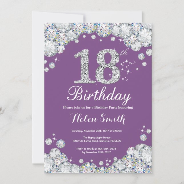 18.ª invitación de cumpleaños Diamante morado y pl (Anverso)