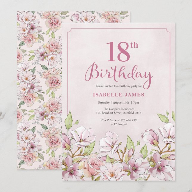 18.ª invitación de cumpleaños Floral rosa (Anverso / Reverso)