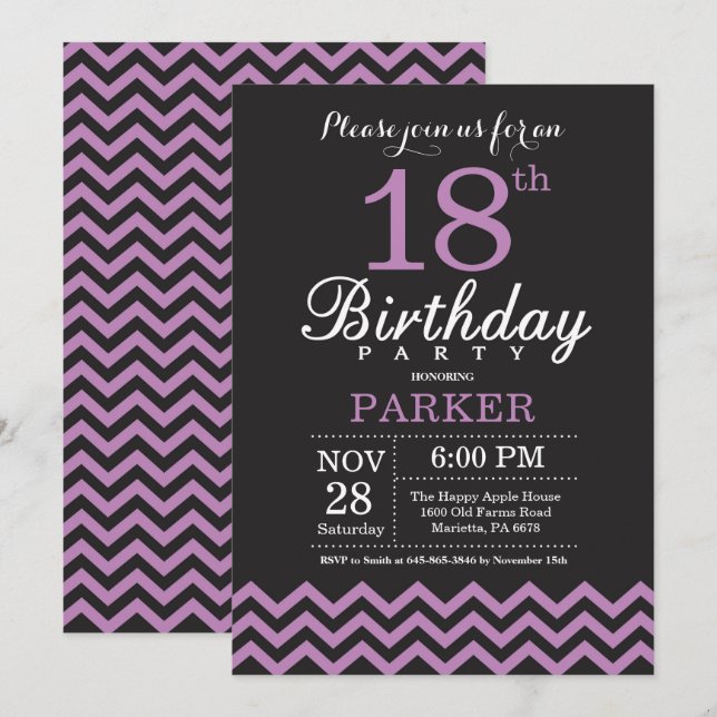18.ª invitación de cumpleaños negro y morado (Anverso / Reverso)