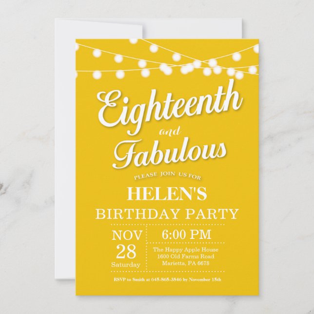 18.ª invitación de cumpleaños Yellow Fabulous (Anverso)