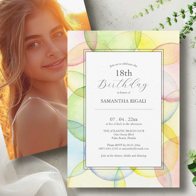 18.ª Invitaciones de cumpleaños multicolor (18th birthday invitations watercolor pastel circles by Victoria Grigaliunas Do Tell A Belle)