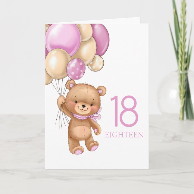 18 años lindo globo rosa chica tarjeta de peluche (Anverso)
