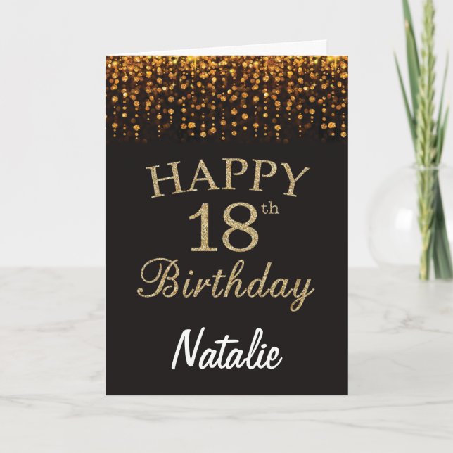 18 cumpleaños, tarjeta Purpurina negra y dorada (Anverso)