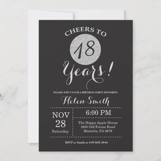 18 Invitación de cumpleaños Purpurina negro y plat (Anverso)