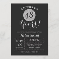 18 Invitación de cumpleaños Purpurina negro y plat