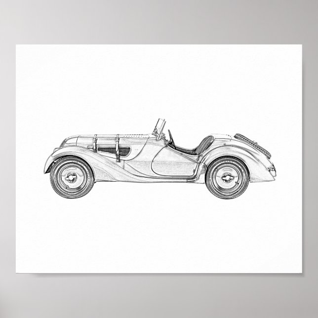 1936 BMW 328 Roadster Arte de lápiz blanco y negro (Frente)