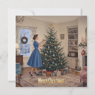 1950 Dama decorando árbol de Navidad Feliz Navidad