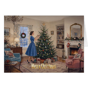 1950 Dama decorando árbol de Navidad Feliz Navidad