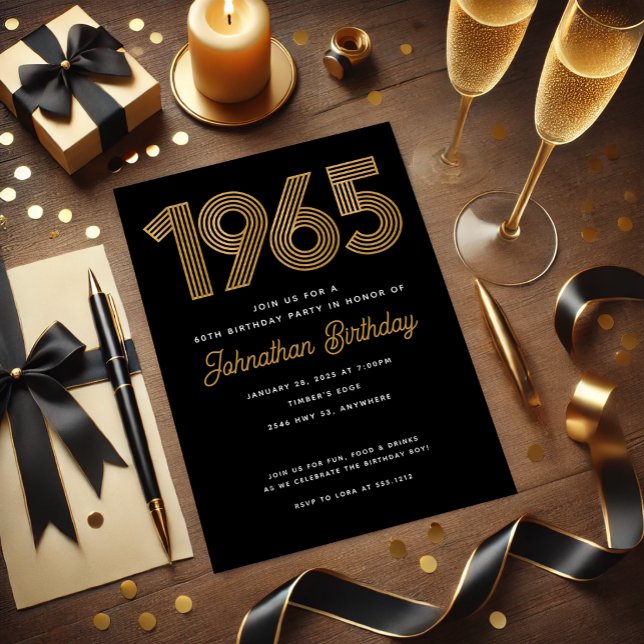 1965 Black Faux Gold Invitación a los 60 años (1965 Black Faux Gold 60th Birthday Invitation)