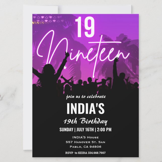19.ª fiesta de cumpleaños Invitación a Neón Rosa (Anverso)