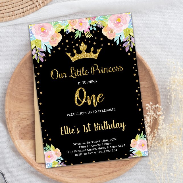 1.ª invitación a la Princesa Floral Negra (1st Black Floral Princess Birthday Invitation)