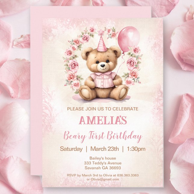 1.ª invitación a las rosas rosadas del oso de cump (1st Birthday Bear Pink Roses Invitation)