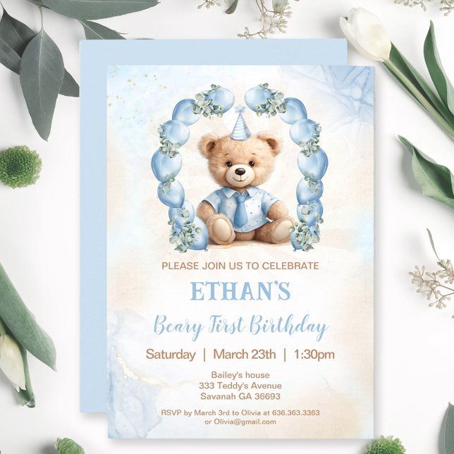 1.ª invitación a los globos azules del oso de cump (1st Birthday Bear Blue Balloons Invitation)
