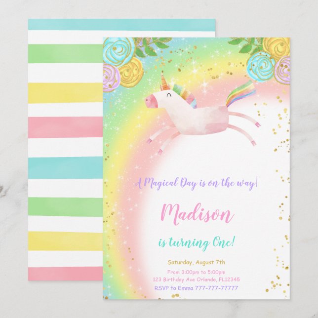 1.ª invitación a unicornio de cumpleaños (Anverso / Reverso)