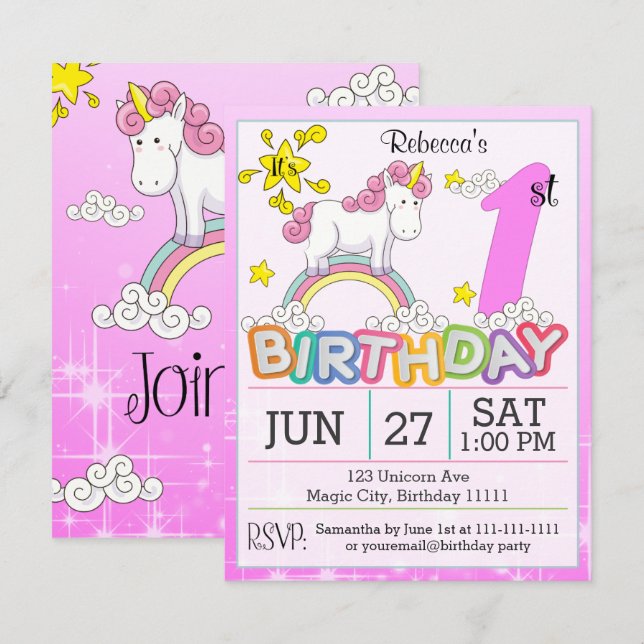 1.ª invitación a Unicornio, Fiesta de cumpleaños (Anverso / Reverso)