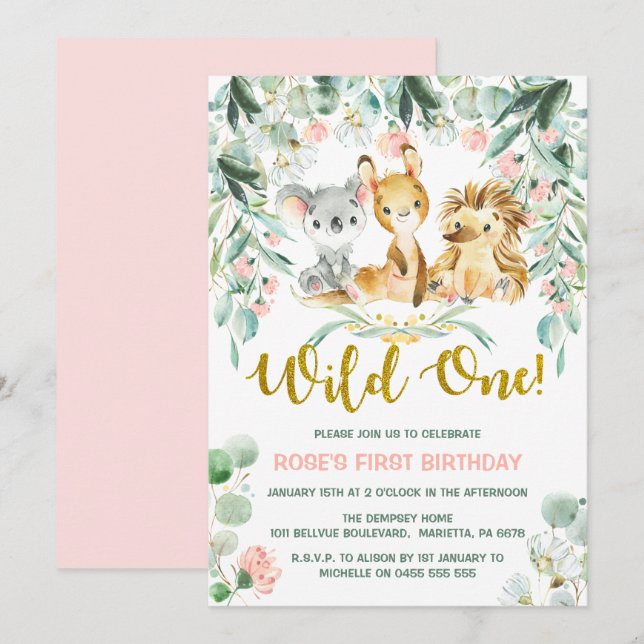 1.ª invitación de cumpleaños | Bebés de selva rosa (Anverso / Reverso)