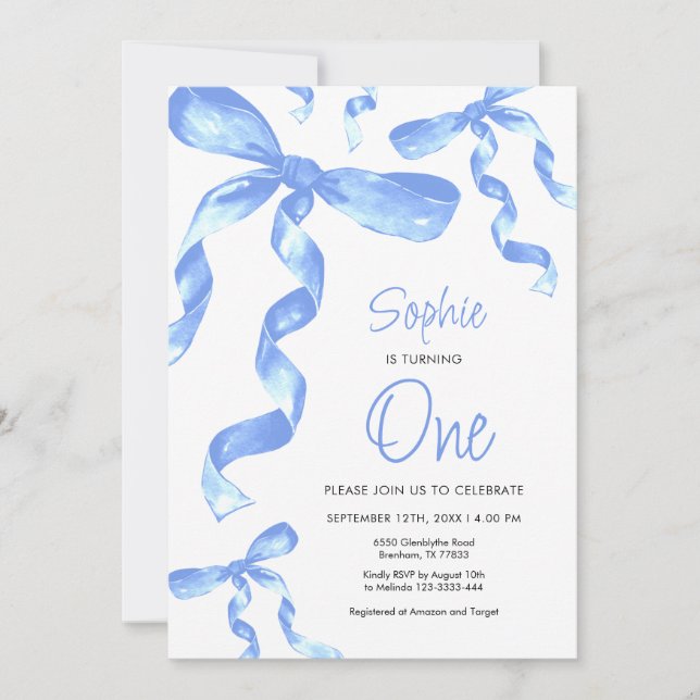 1.ª invitación de cumpleaños Blue Bow (Anverso)