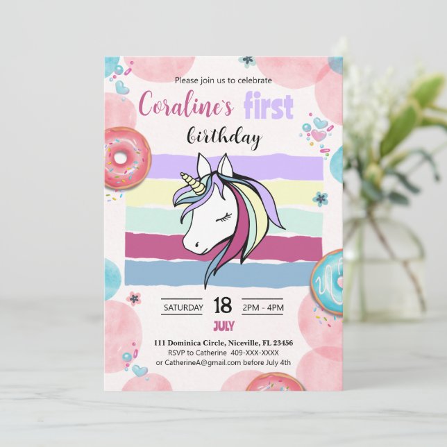 1.ª invitación de cumpleaños con unicornio lindo. (Anverso de pie)