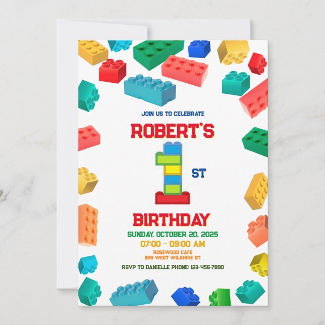 1.ª invitación de cumpleaños de bloques de constru (Anverso)