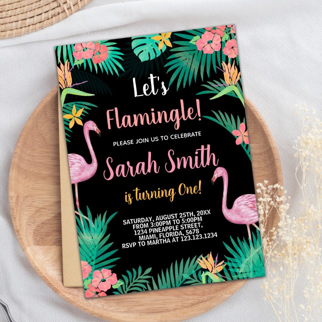 1.ª invitación de cumpleaños de Flamingo Rosado (1st Pink Flamingo Birthday Invitations)