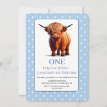 1.ª Invitación de cumpleaños de Highland Cow Blue