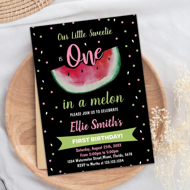 1.ª Invitación de cumpleaños de la Black Green Wat (1st Black Green Watermelon Birthday Invitations)
