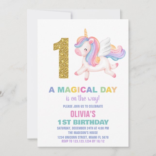 1.ª invitación de cumpleaños de Rainbow Unicorn (Anverso)