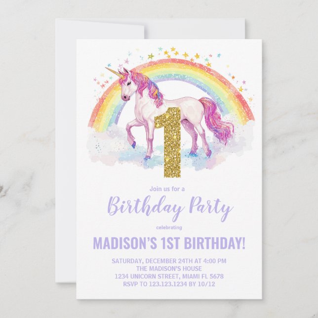 1.ª invitación de cumpleaños de Rainbow Unicorn (Anverso)