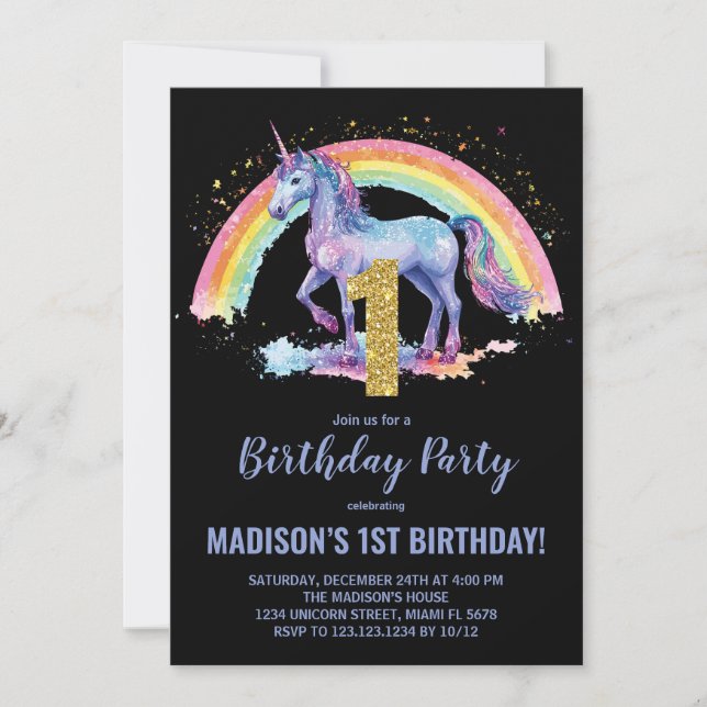 1.ª invitación de cumpleaños de Rainbow Unicorn (Anverso)