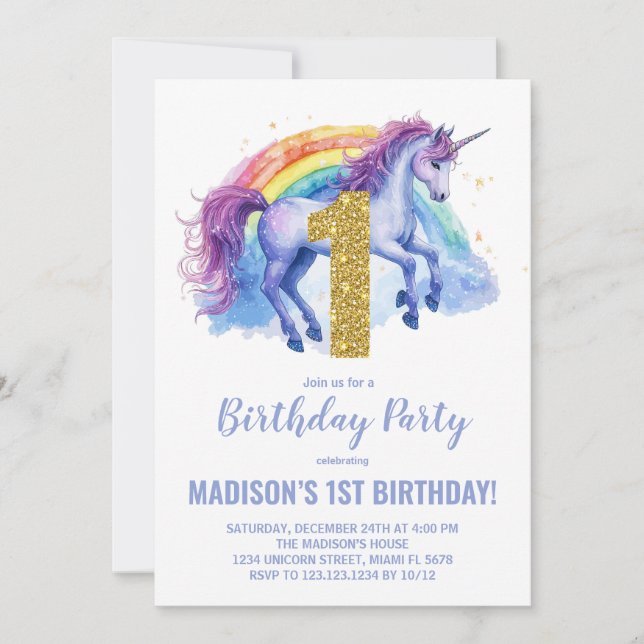 1.ª invitación de cumpleaños de Rainbow Unicorn (Anverso)