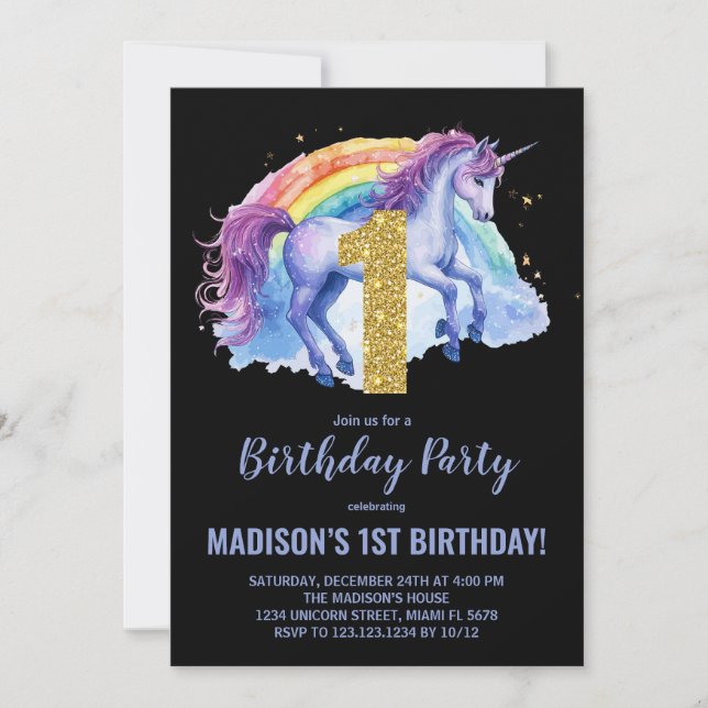 1.ª invitación de cumpleaños de Rainbow Unicorn (Anverso)