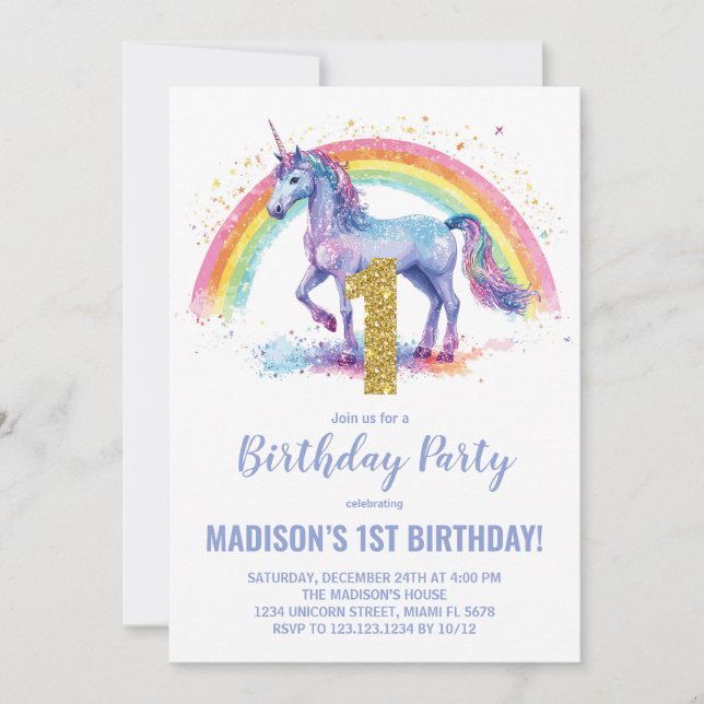 1.ª invitación de cumpleaños de Rainbow Unicorn (Anverso)