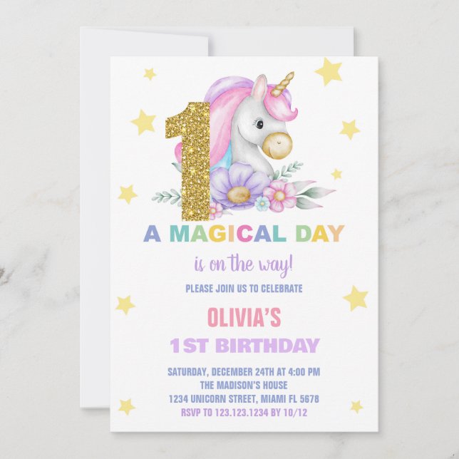 1.ª invitación de cumpleaños de Unicornio floral (Anverso)