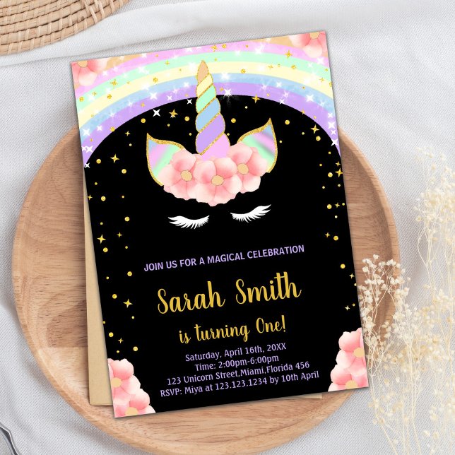 1.ª invitación de cumpleaños de Unicornio rosado (1st Pink Unicorn Birthday Invitations)