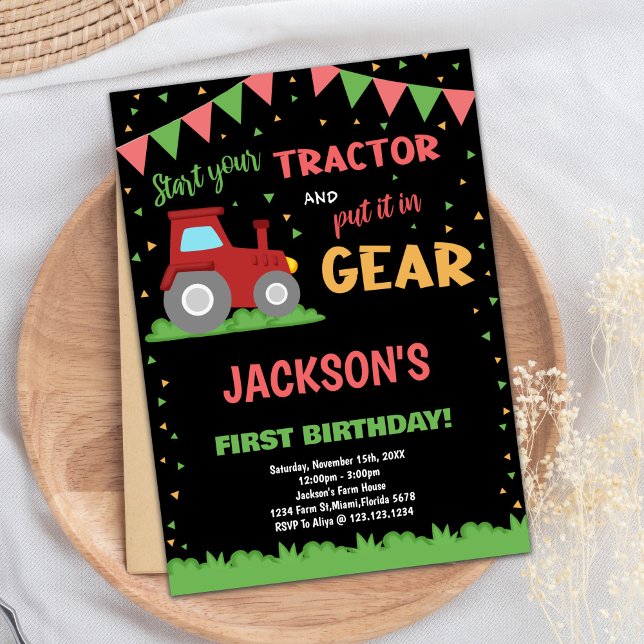 1.ª invitación de cumpleaños del Tractor de Bander (1st Red Flags Tractor Birthday Invitations)