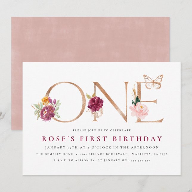 1.ª invitación de cumpleaños | Mariposa Rosa Saffr (Anverso / Reverso)